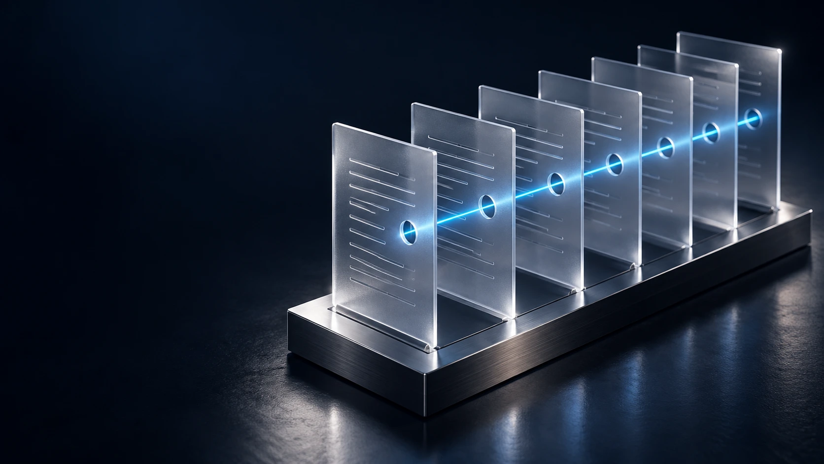 Planos translúcidos conectados por luz cyan